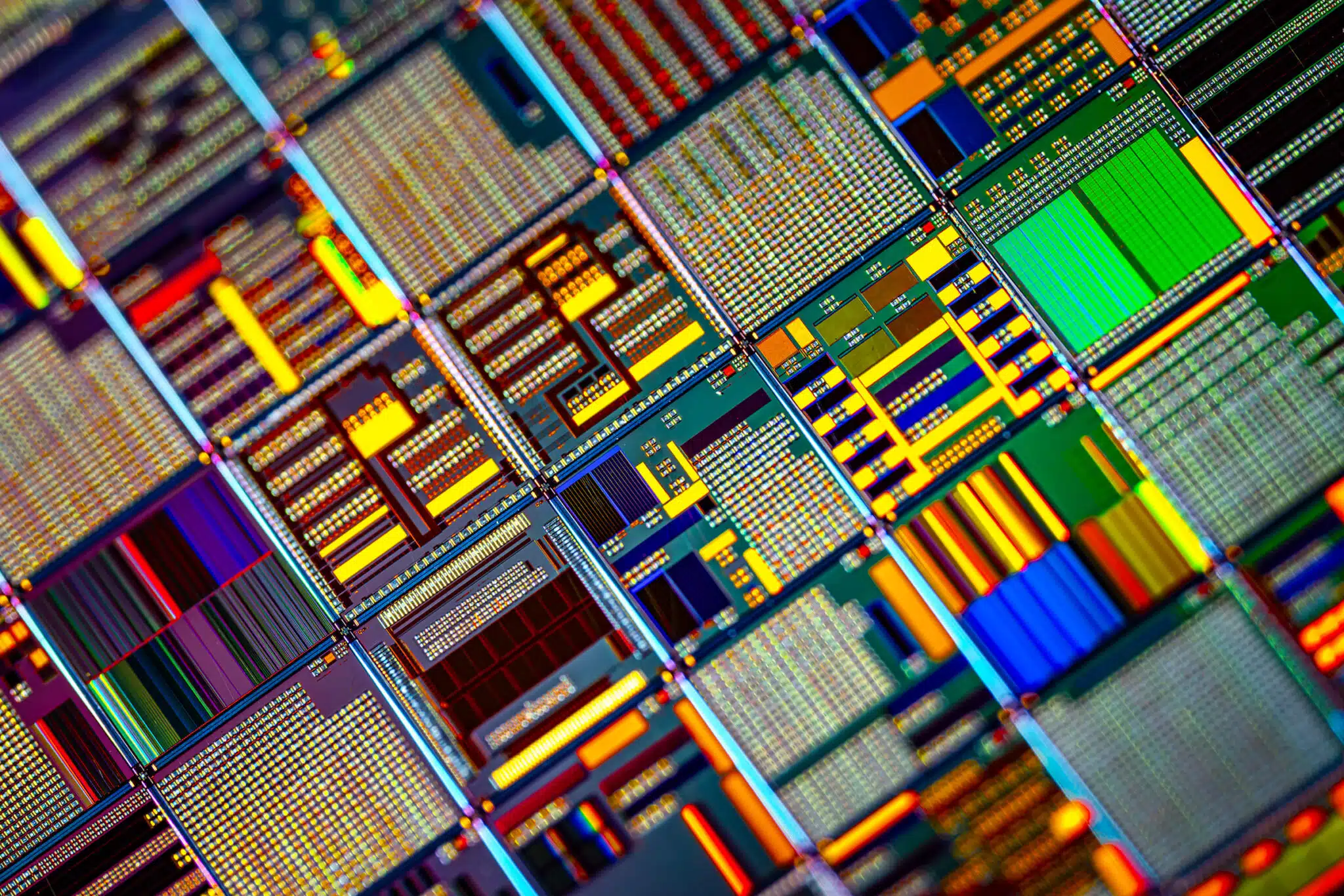 Colorful close-up of an integrated circuit microchip